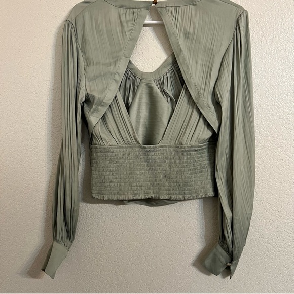 Anthropologie Blouson-Sleeve Blouse mint scoop neck chic open back small crop - Picture 8 of 12
